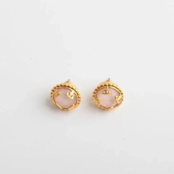 NWOT Tory Burch Pink Stone, Gold logo Stud Earrings - Picture 3 of 6